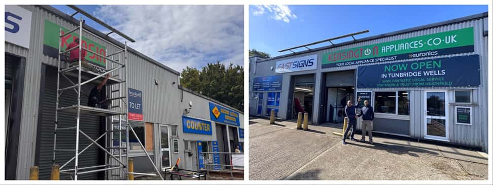 A collage of the Kensington Appliances exterior signage installation and finished product.